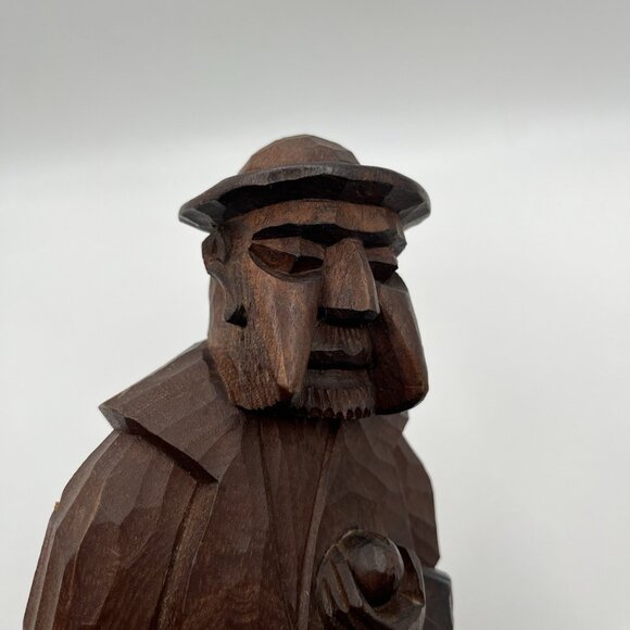Vintage Hand Carved Brown Wooden Folk Art Figurine Rustic Man Mid Century Statue - Picture 10 of 10